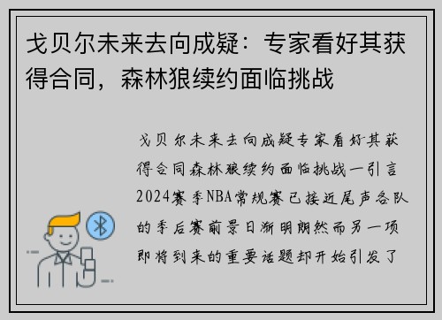 戈贝尔未来去向成疑：专家看好其获得合同，森林狼续约面临挑战