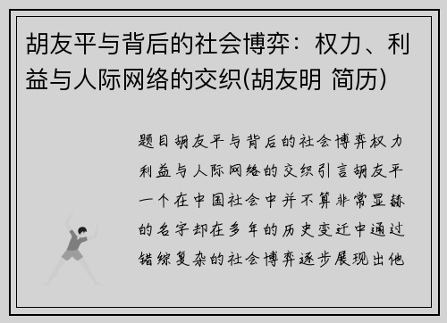 胡友平与背后的社会博弈：权力、利益与人际网络的交织(胡友明 简历)