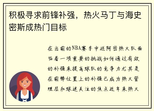 积极寻求前锋补强，热火马丁与海史密斯成热门目标