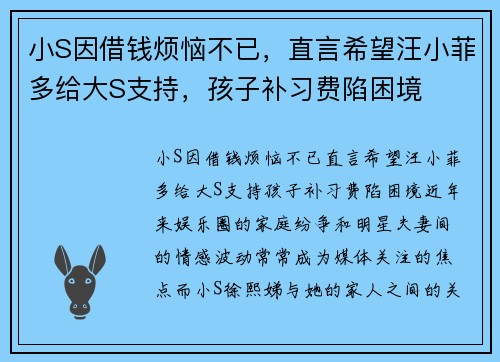 小S因借钱烦恼不已，直言希望汪小菲多给大S支持，孩子补习费陷困境